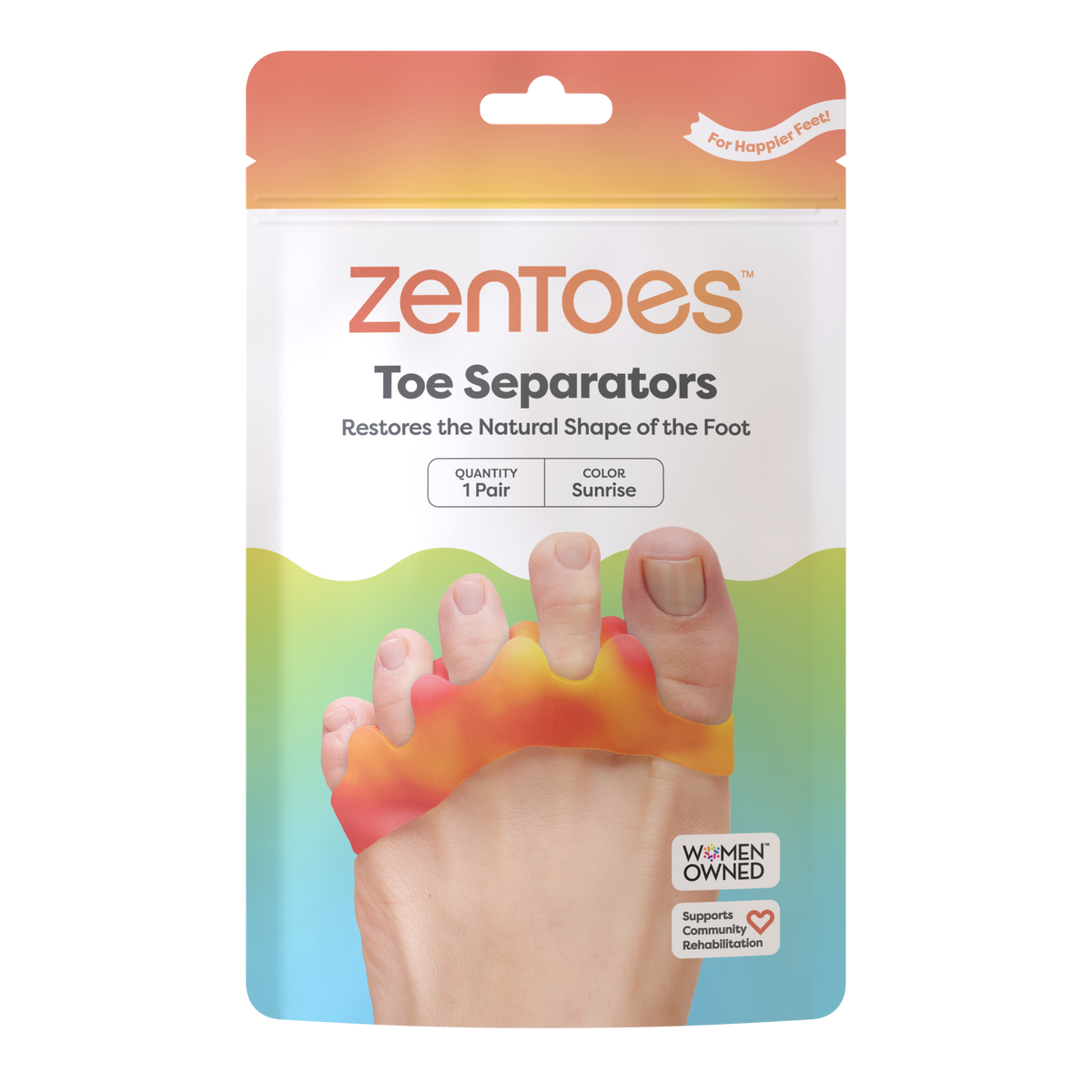 ZenToes five-loop gel toe separator in retail box packaging, one pair