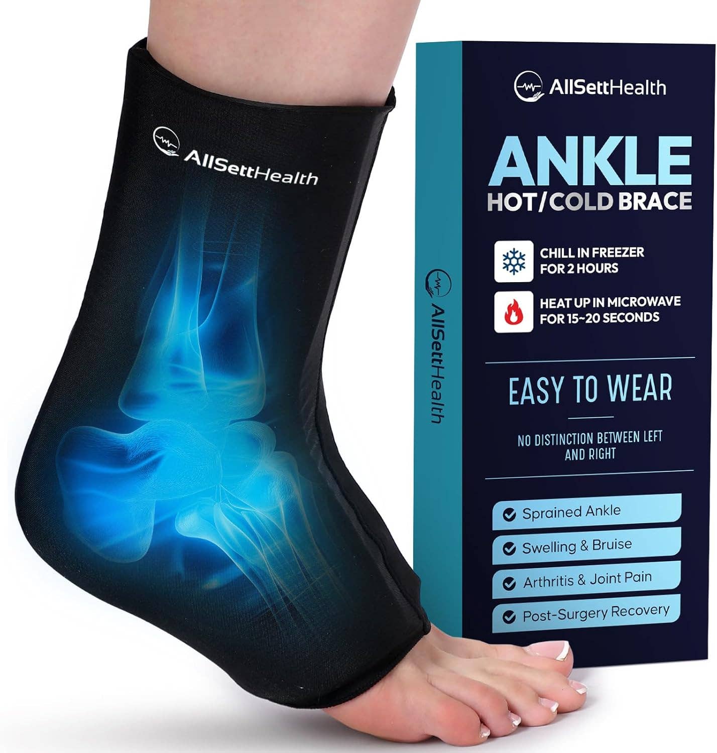 Black adjustable ankle ice pack wrap in small to medium for foot and heel pain relief