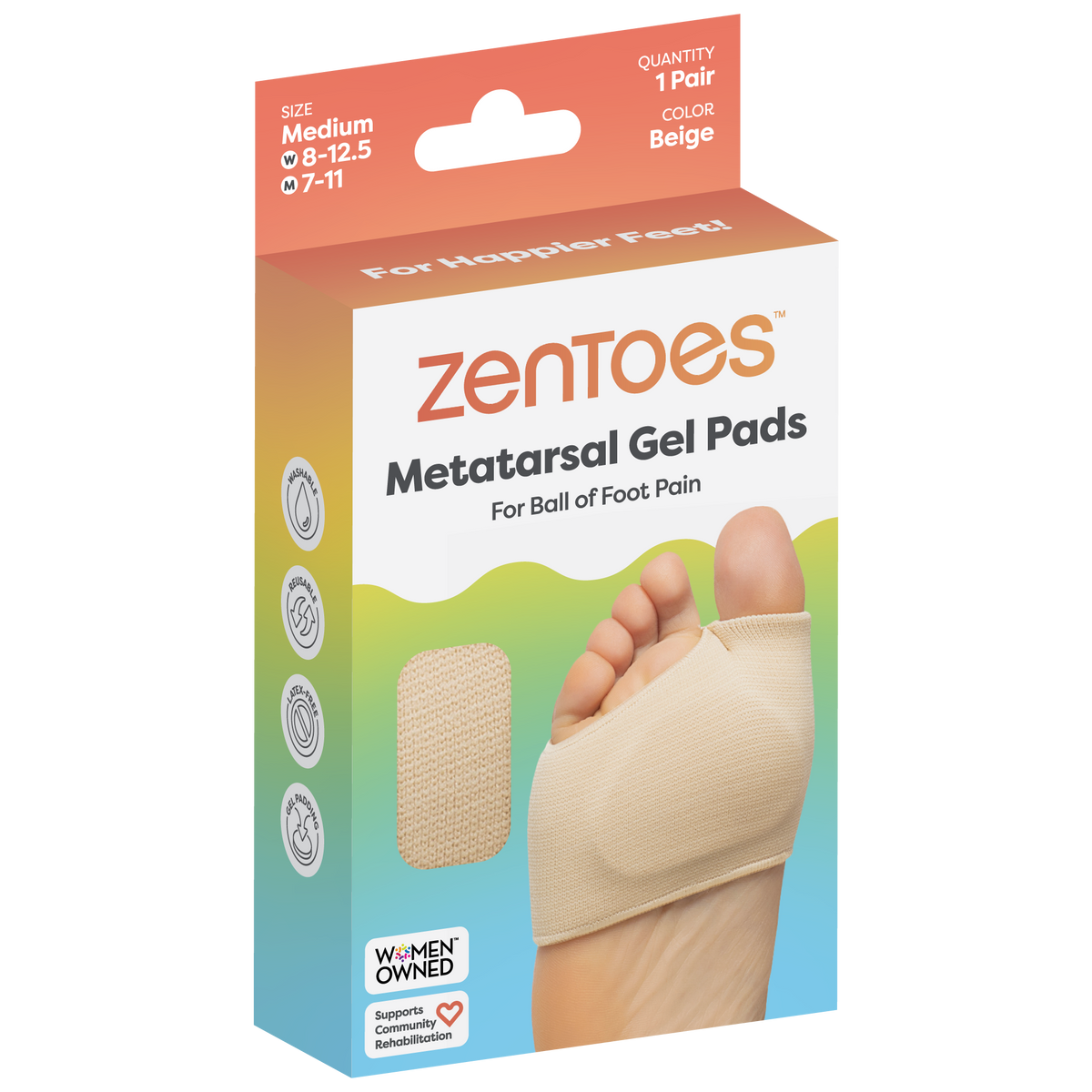 ZenToes cushioned metatarsal gel sleeve, medium, in retail box packaging